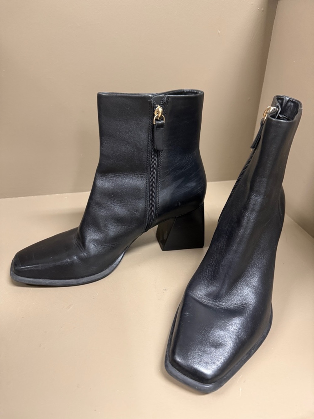 Gianni Bini Holy Grail Black Leather Angular Block-Heel Ankle Boots with Zipper